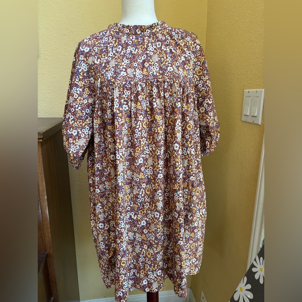 Floral Smocked Yoke Midi Dress in Brown
